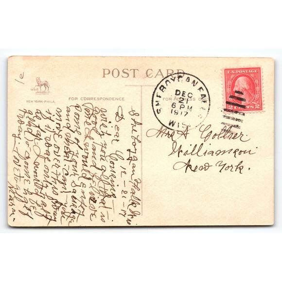 Vintage 1917 Christmas Postcard by Wolf & Co. with Holly & Winter Scene - Picture 2 of 2